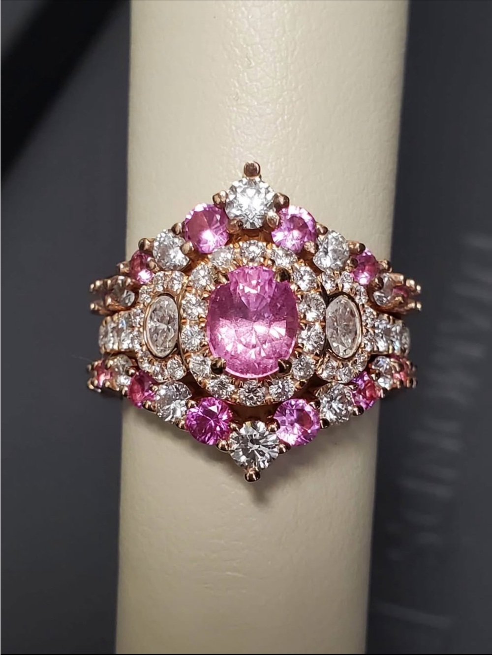 Pink Sapphire Halo Statement Ring in Rose Gold (bands NOT included)